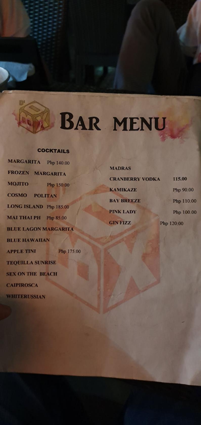 Menu at D'Box Bar and Restaurant, Tagbilaran City