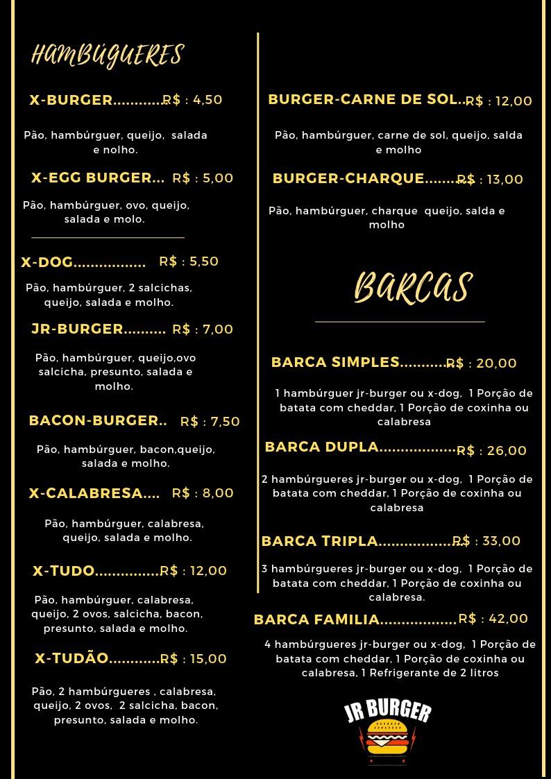 JR BURGER cardápio