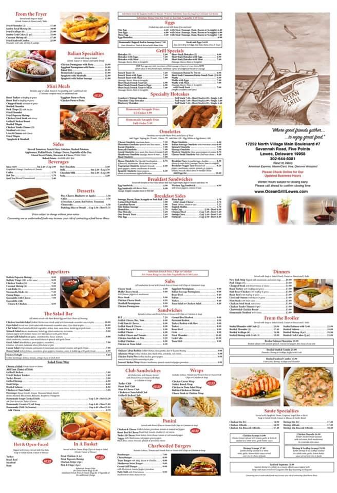 Menu at Ocean Grill restaurant, Lewes