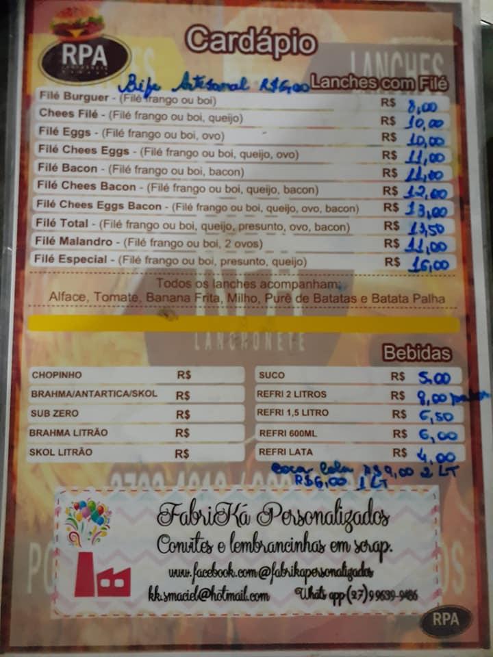 RPA Lanches cardápio