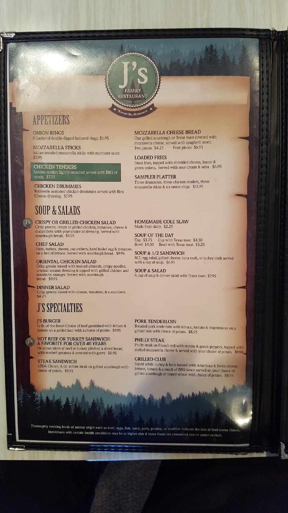 Menu at J's Restaurant, Burnsville