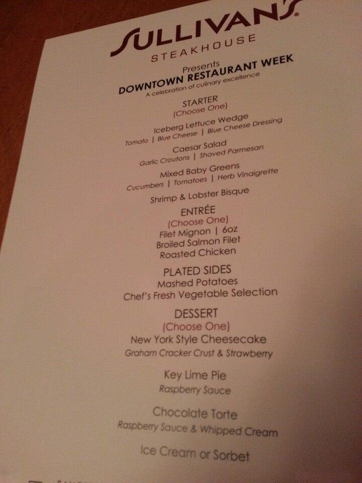 Menu at Sullivan's Steakhouse, Raleigh