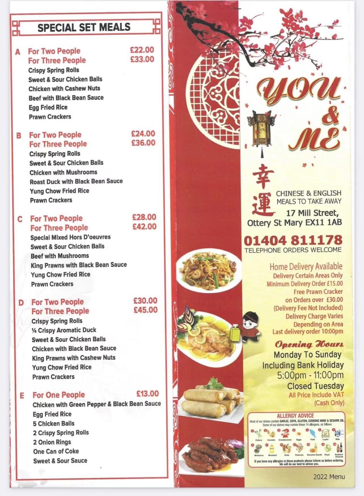 Menu at You & Me Chinese Takeaway fast food, Ottery Saint Mary