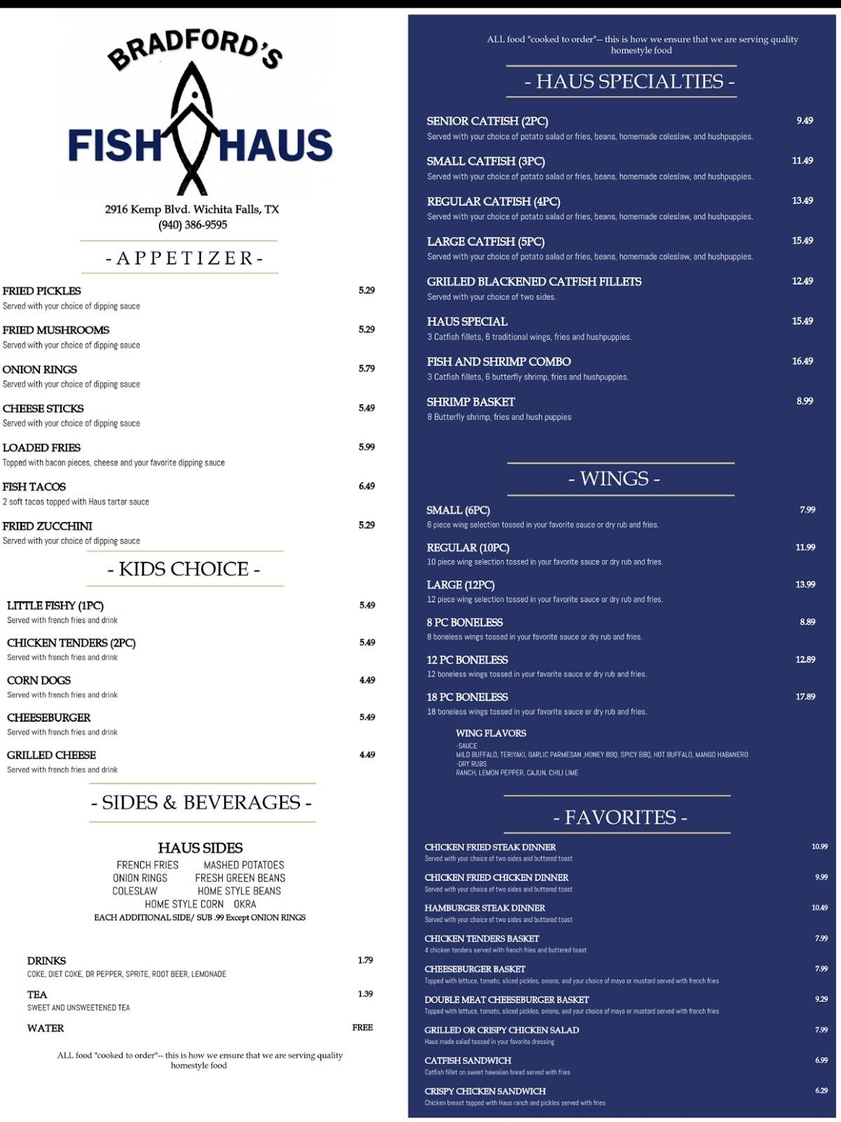 Menu At Bradford's Fish Haus Wichita Falls Restaurant, Wichita Falls