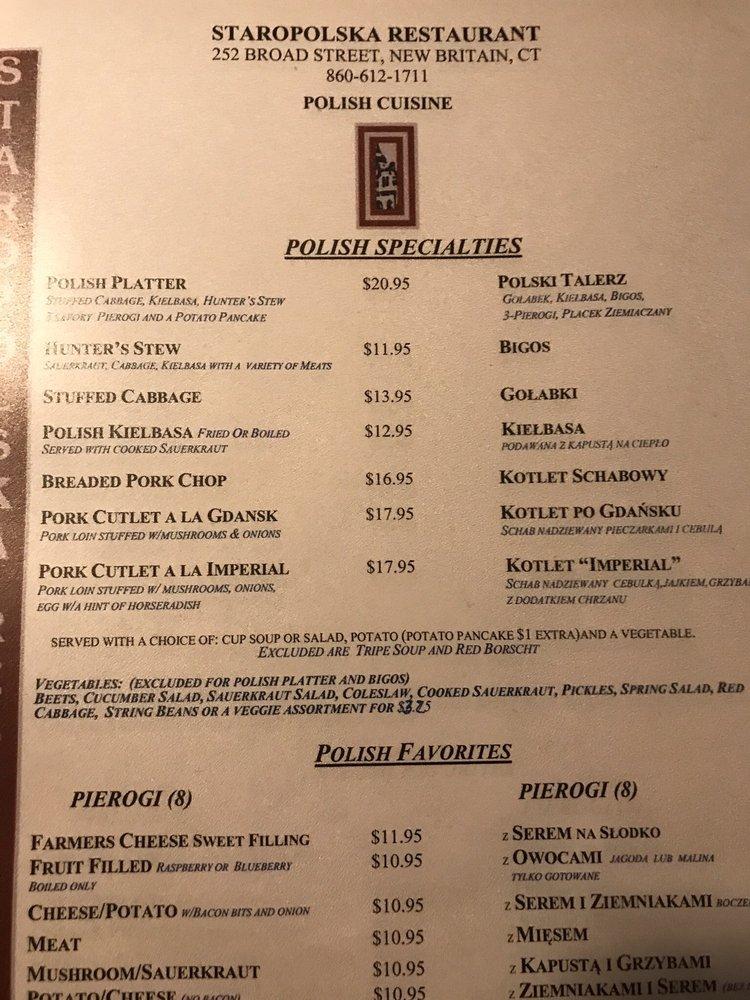 Menu at Staropolska Restaurant, New Britain, 252 Broad St