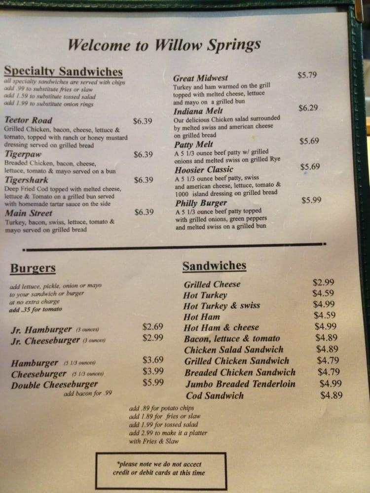 Menu at Willow Springs Restaurant, Hagerstown