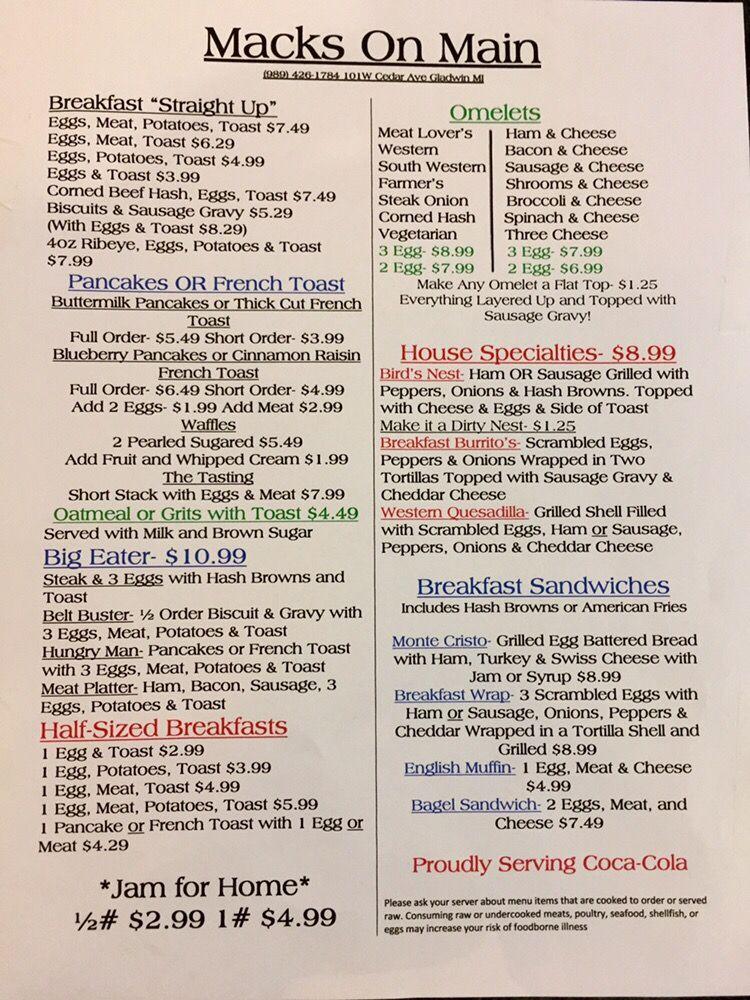 Menu at Macks On Main restaurant Gladwin