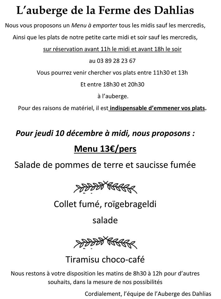 Menu au Auberge de La Ferme des Dahlias restaurant, Berrwiller