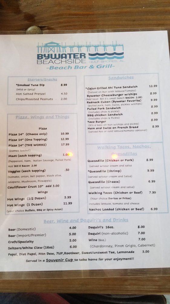Menu at Bywater Beachside pizzeria, Gulf Shores, E Beach Blvd