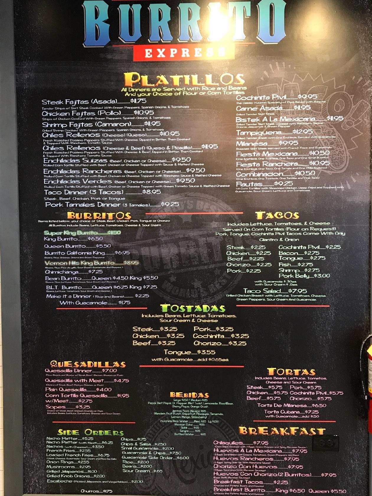 Menu At Burrito Express Restaurant Vernon Hills 220 Hawthorn Village