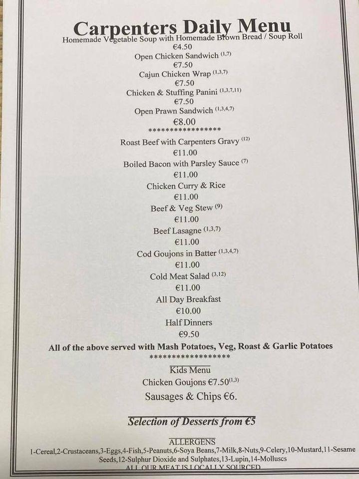 Menu at Carpenters Bar & Lounge, Carlow