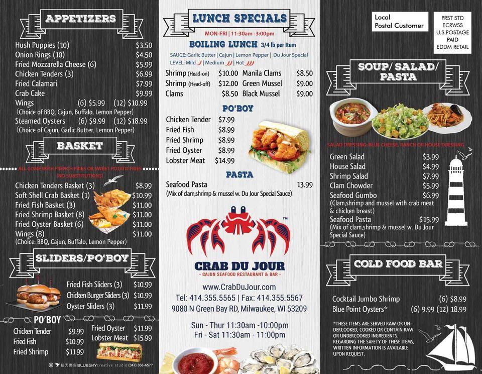 Menu at Crab Du Jour Cajun Seafood restaurant, Brown Deer