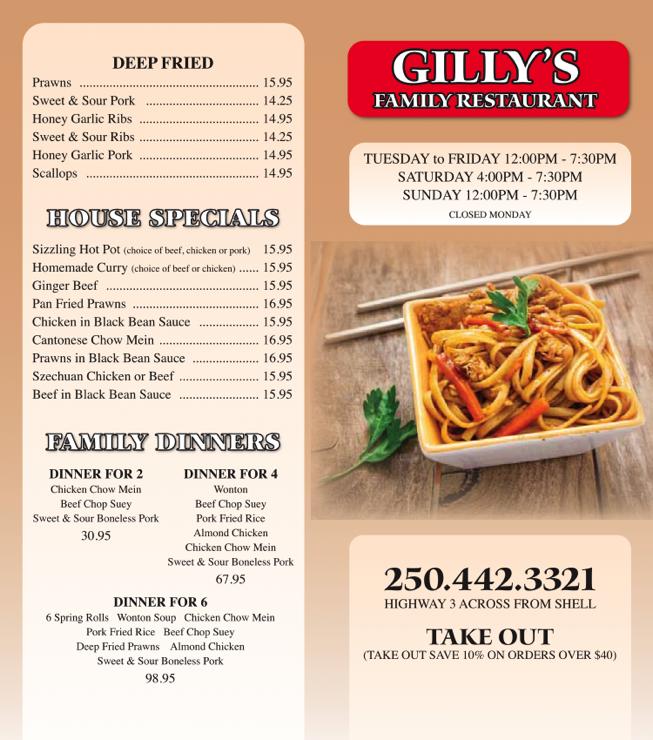 Menu at Gilly's Restaurant, Grand Forks
