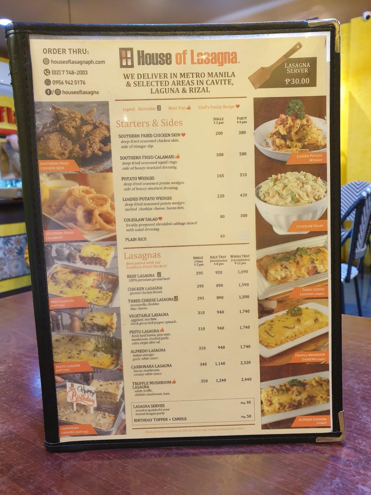 Carta del restaurante House of Lasagna Katipunan Blue Ridge, Ciudad