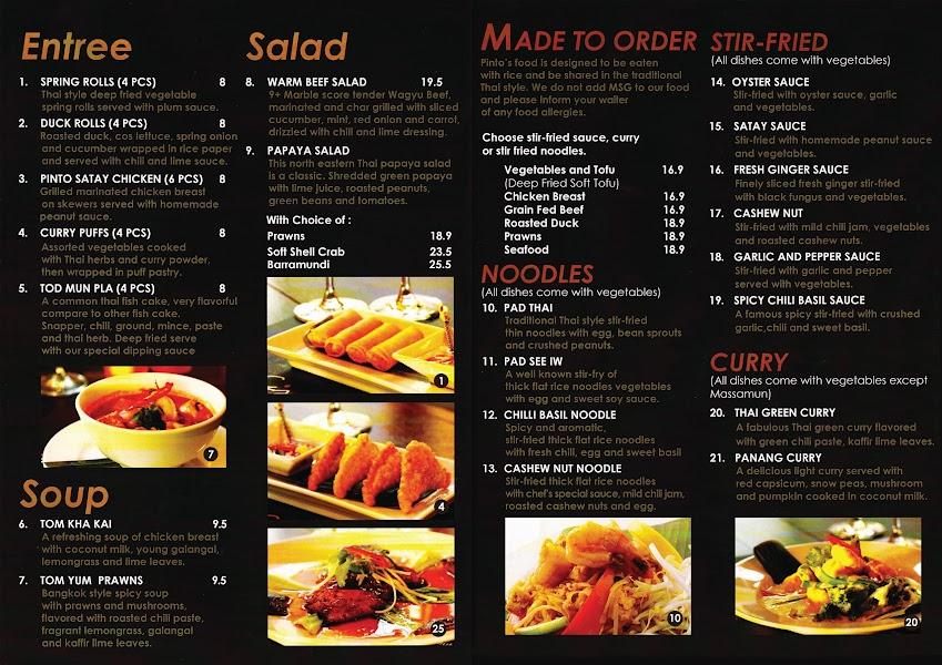 Menu at Pinto Thai Restaurant, Kensington