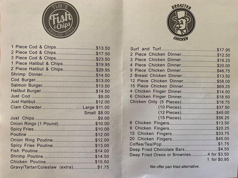 Menu at Tim's Fish & Chips restaurant, Creston, Northwest Blvd