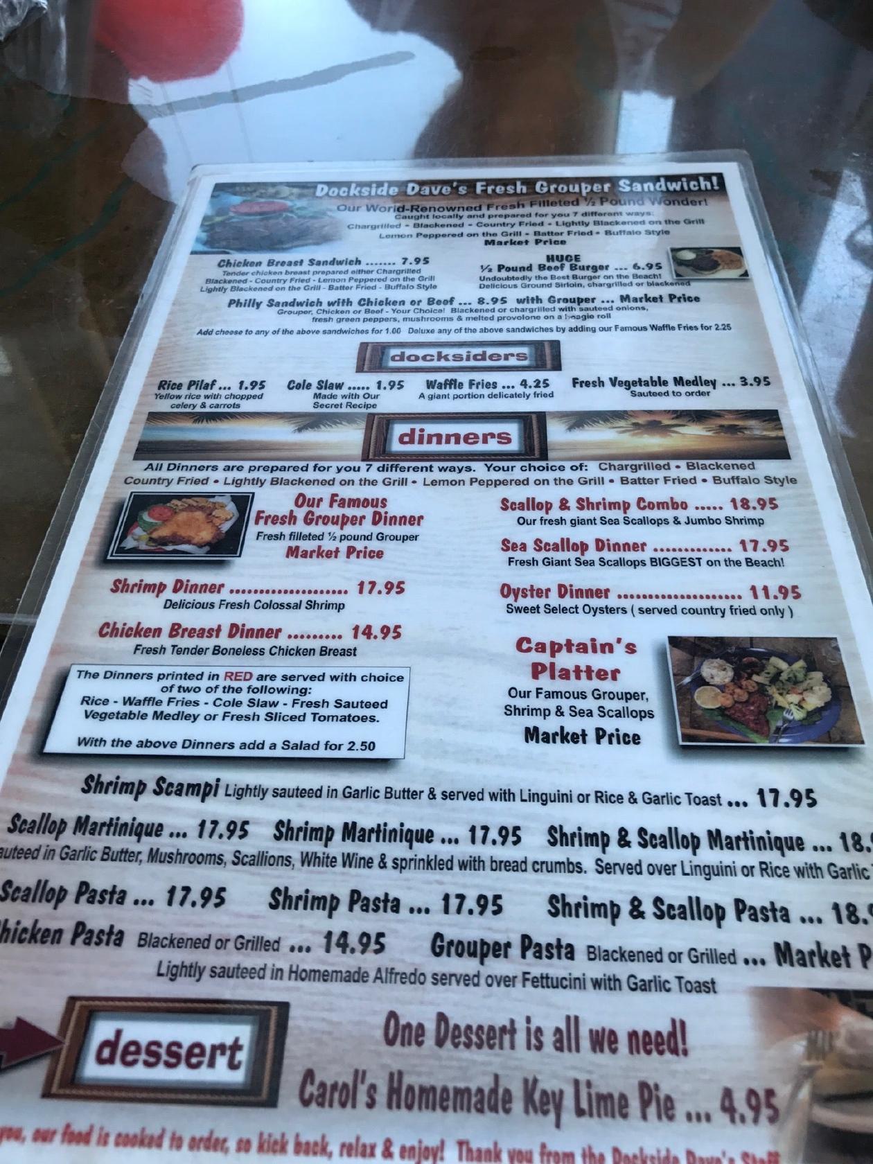 Menu at Dockside Dave's restaurant, Madeira Beach, 14701 Gulf Blvd