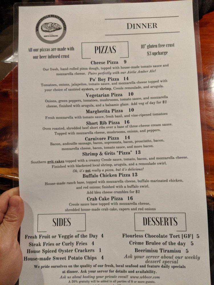 Menu at Wrightsville Beach Brewery pizzeria, Wilmington