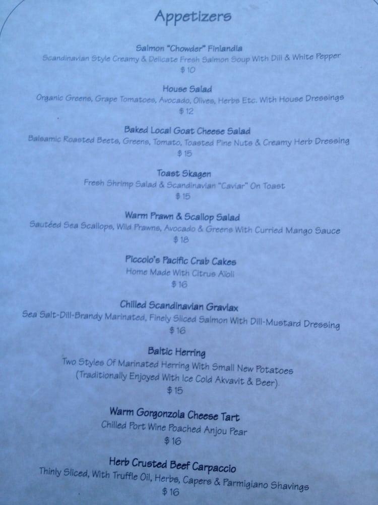 Menu at House Piccolo restaurant, Canada