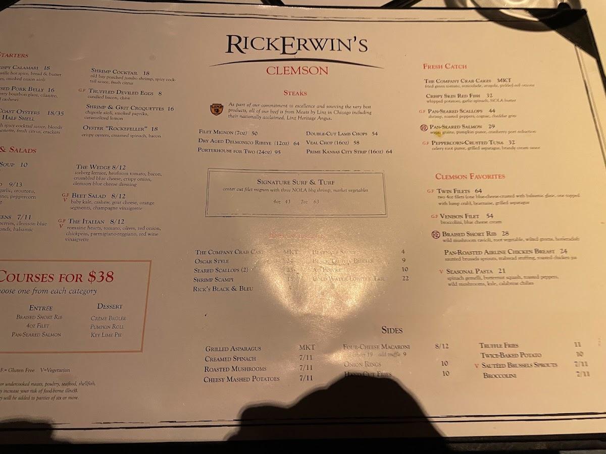 Menu at Rick Erwin's Clemson steakhouse, Clemson