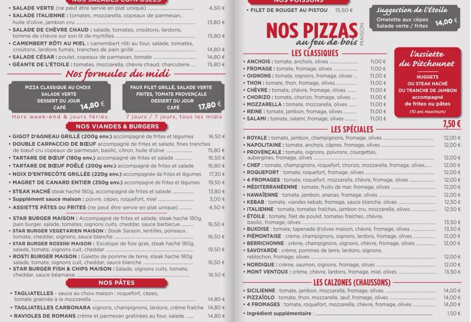Menu au Brasserie de l'Etoile restaurant, BuislesBaronnies