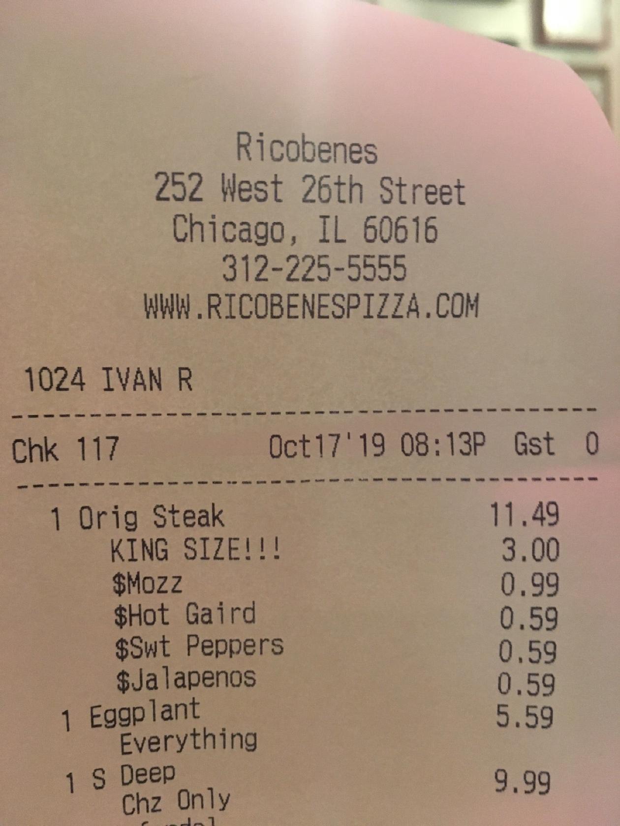 Menu at Ricobene's pizzeria, Chicago, 252 W 26th St