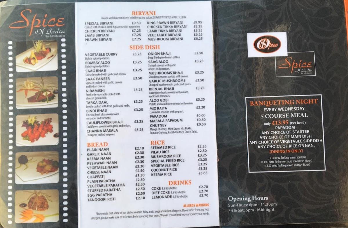 Menu at Spice of India restaurant, Upminster, Broadway