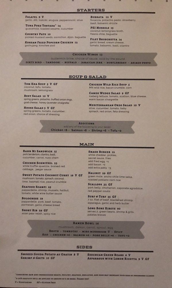 Menu at Cameo restaurant, Rochester