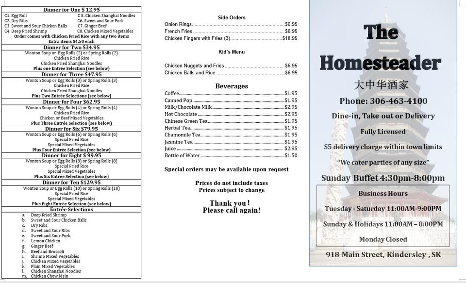 Menu at The Homesteader restaurant, Kindersley