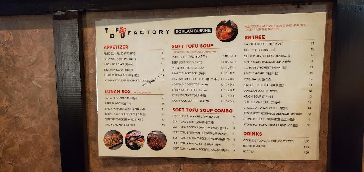 Menu at Tofu Factory Korean Cuisine BBQ, Richardson