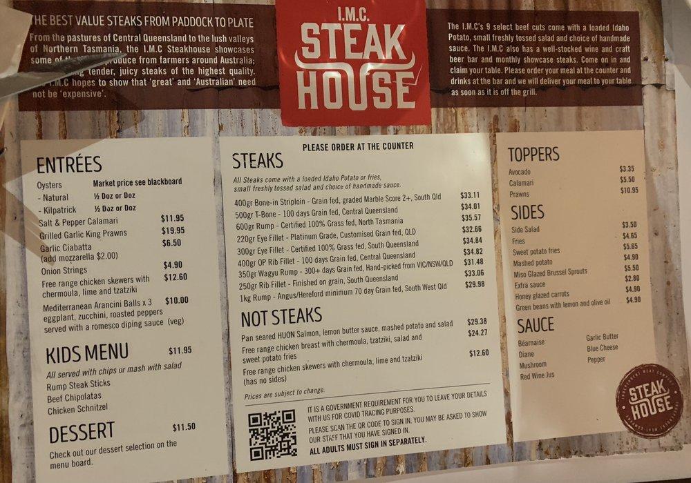 Menu at IMC Steak House pub & bar, South Townsville