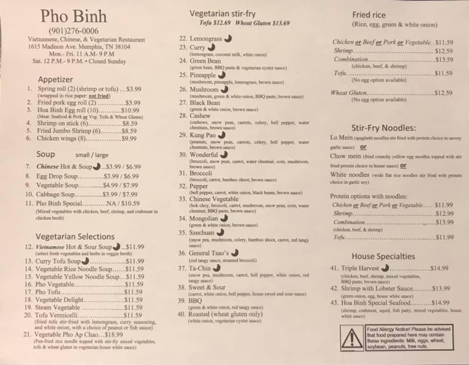 Menu at Phở Binh restaurant, Memphis