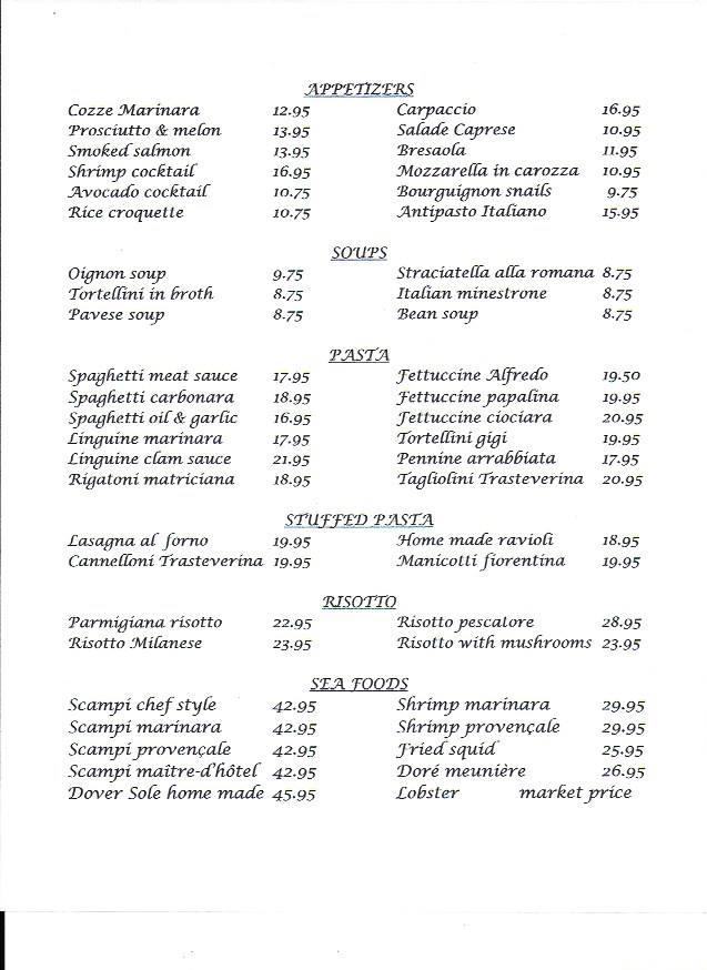 Menu au Trattoria Trestevere restaurant, Montréal