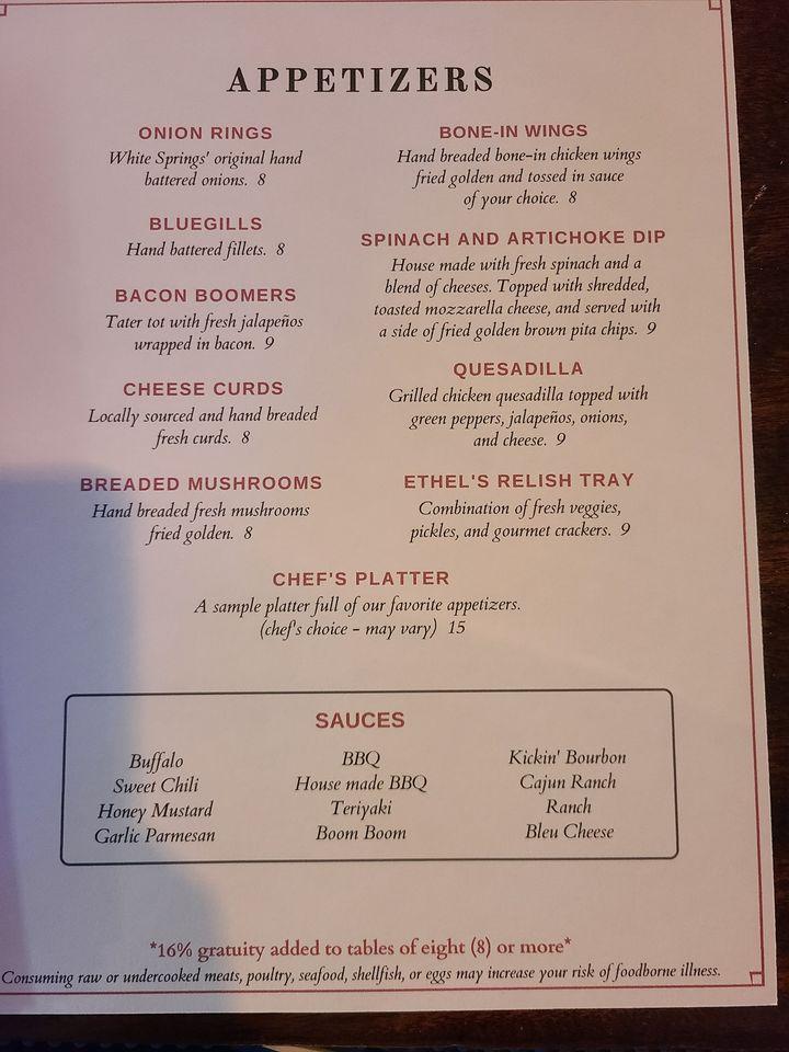 Menu at White Springs Supper Club, McGregor