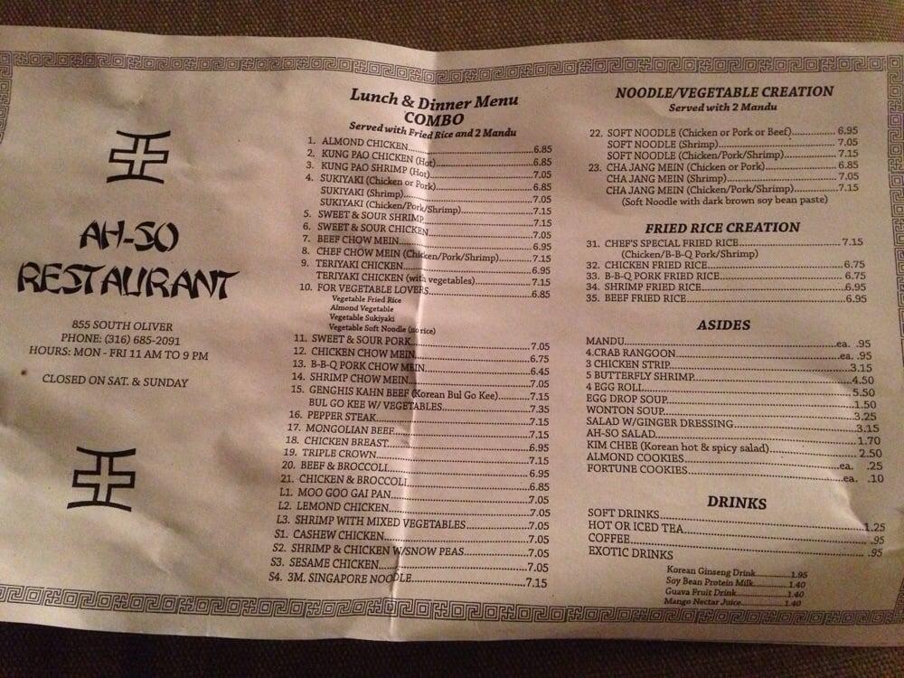 Menu at AhSo Oriental Restaurant, Wichita, 855 Oliver