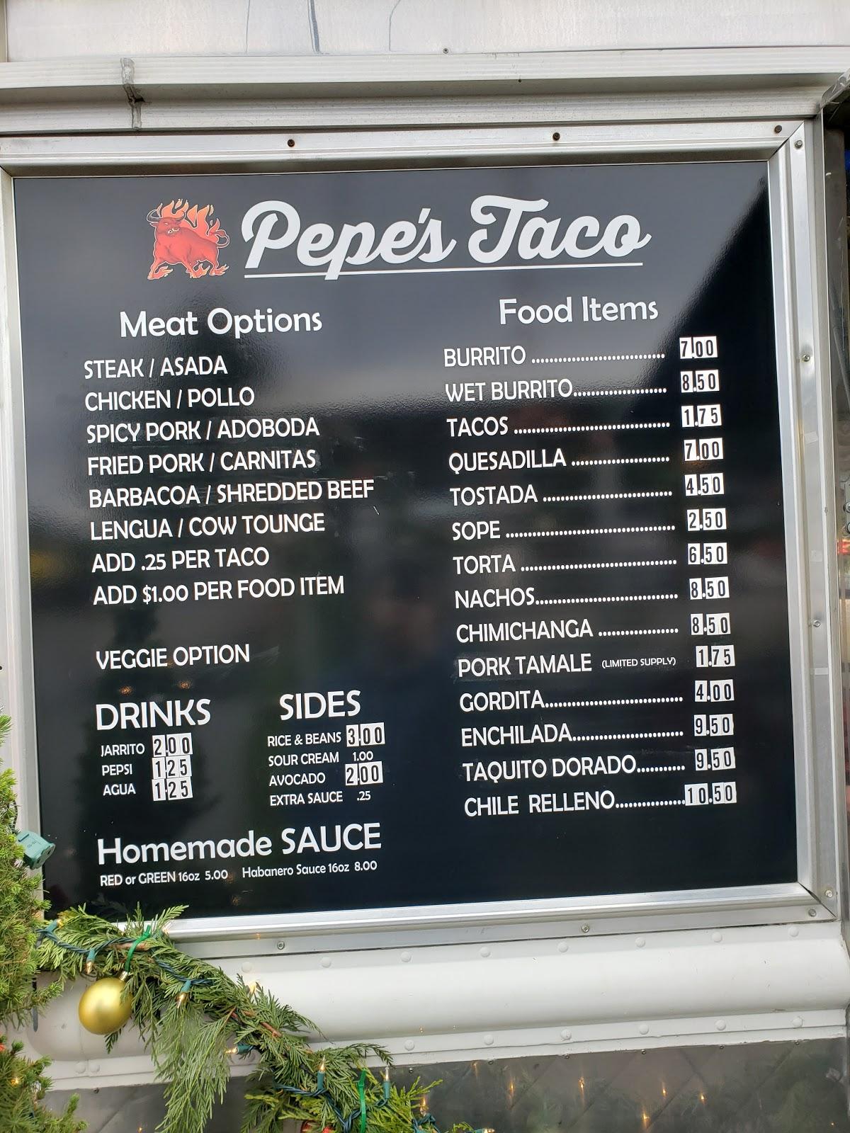 Menu at Pepe's Tacos restaurant, Estacada