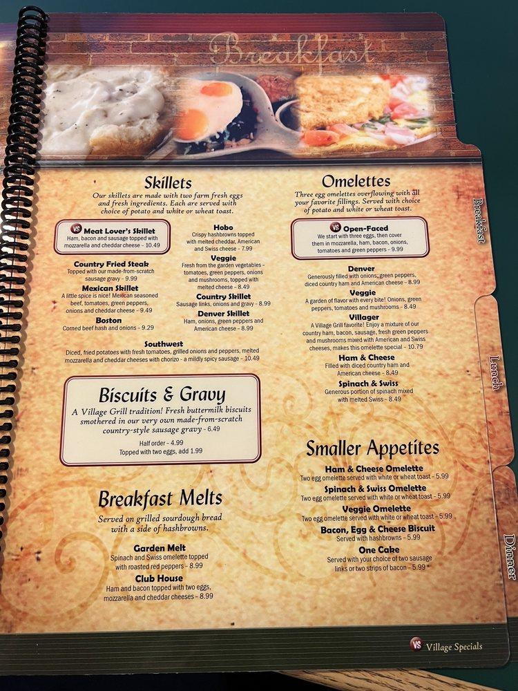 Menu at Village Grill restaurant, Bradley, 135 S Schuyler Ave