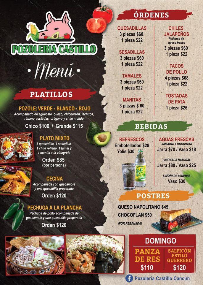 Menu at Pozoleria Castillo restaurant, Cancún