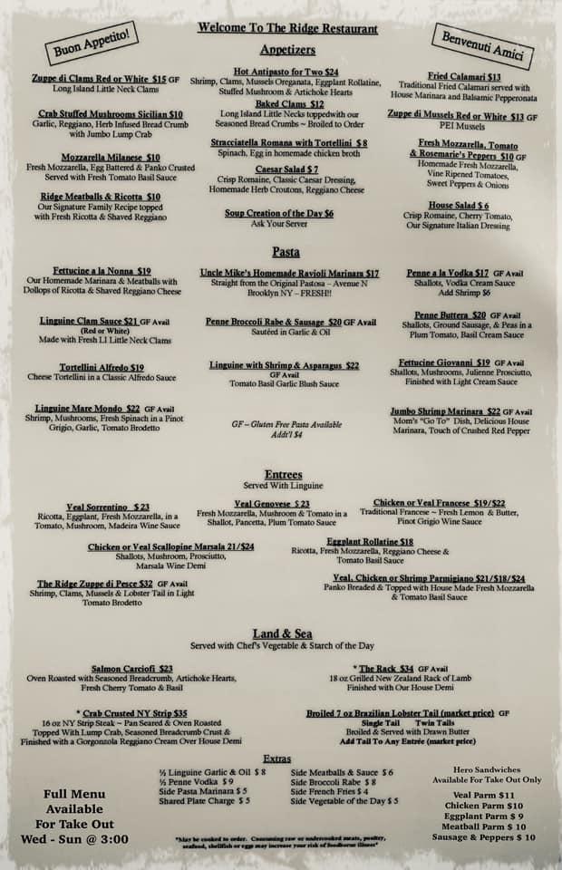 the ridge restaurant menu