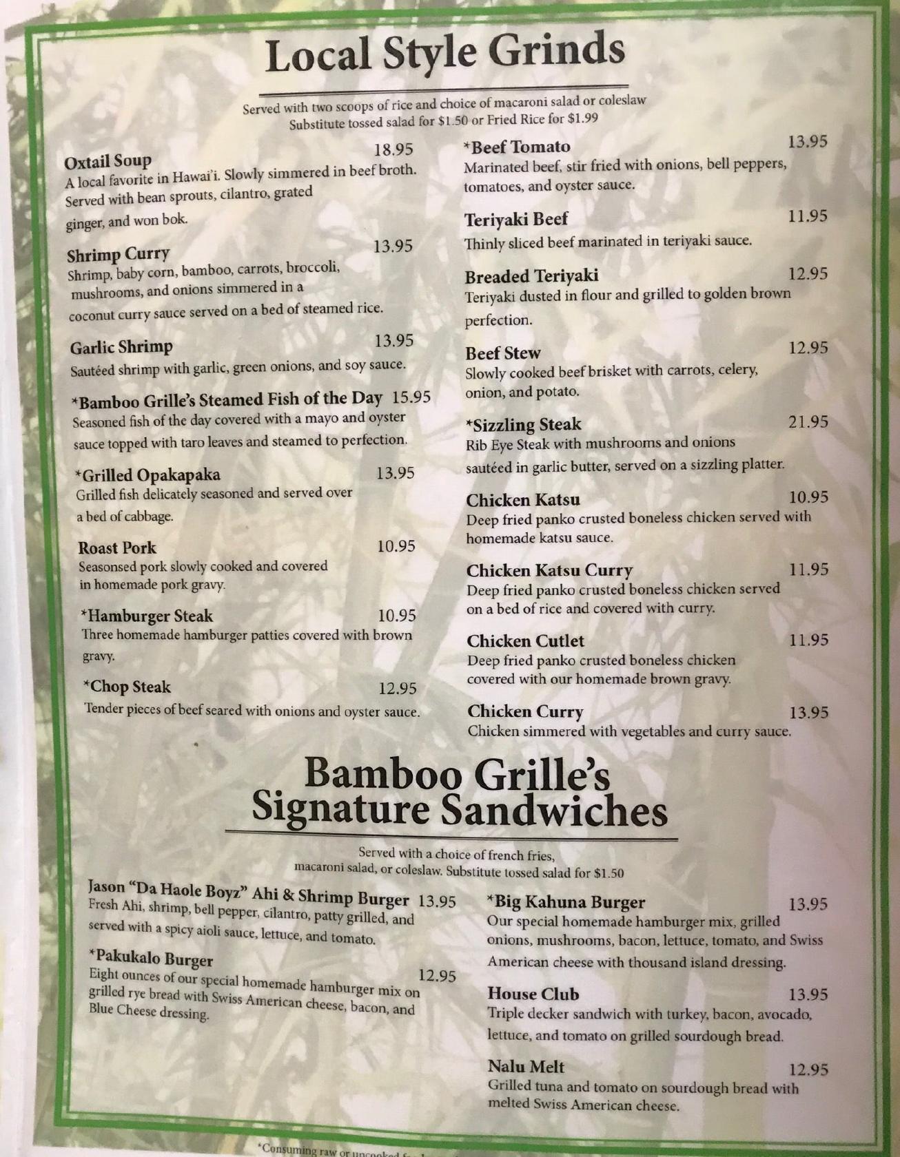 Menu at Bamboo Grille Maui restaurant, Wailuku