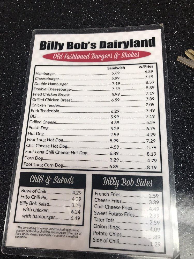 Menu at Billy Bob's Dairy Land restaurant, Branson, W 76 Country Blvd