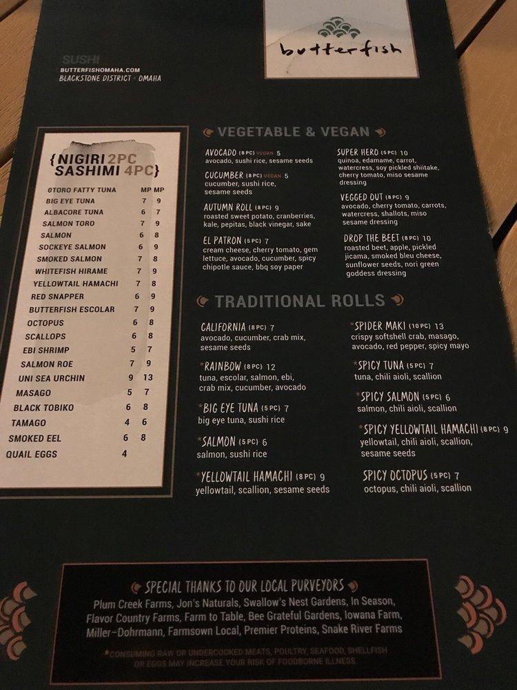 Menu at Butterfish restaurant, Omaha