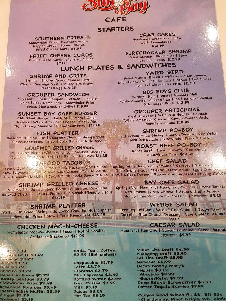 Menu at Sunset Bay Cafe, Miramar Beach, 158 Sandestin Blvd N