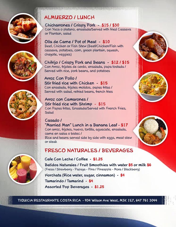 Menu at Tiquicia Toronto ON restaurant, Toronto