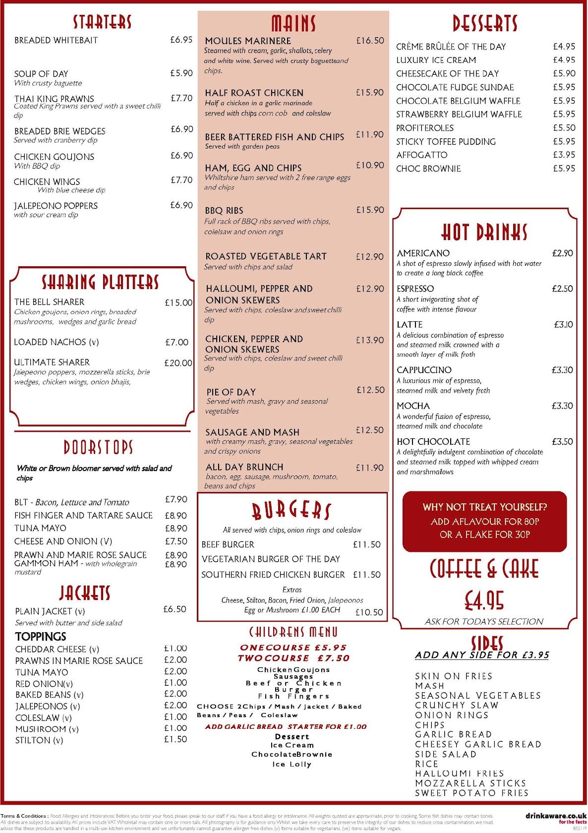 Menu at The Bell pub & bar, Chelmsford, 126 Main Rd