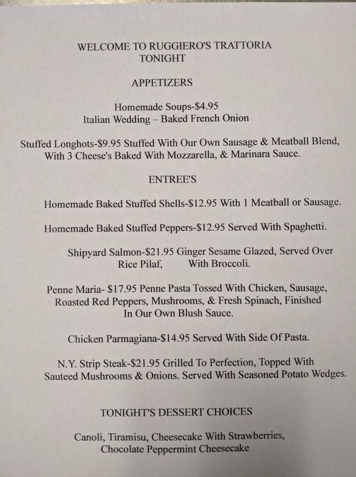 Menu at Ruggiero's Trattoria restaurant, Little Falls