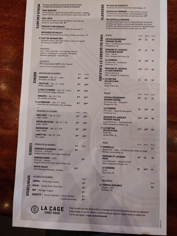 Menu at La Cage pub & bar, Laval, 3035 Boulevard le Carrefour