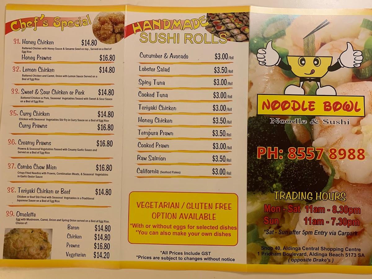 Menu at Noodle Bowl restaurant, Aldinga Beach, Shop 40/1 Pridham Blvd
