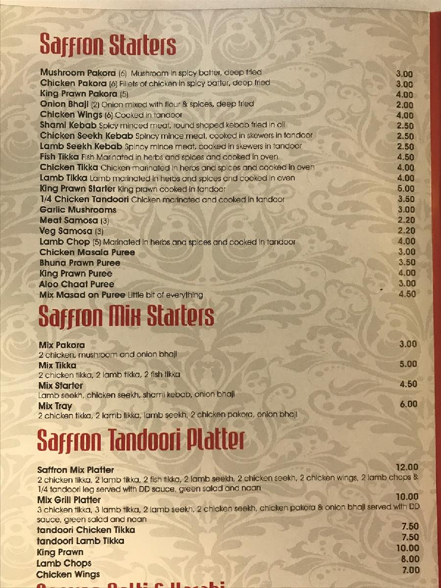 Menu at Saffron fast food, Sowerby Bridge, 21 Oldham Rd