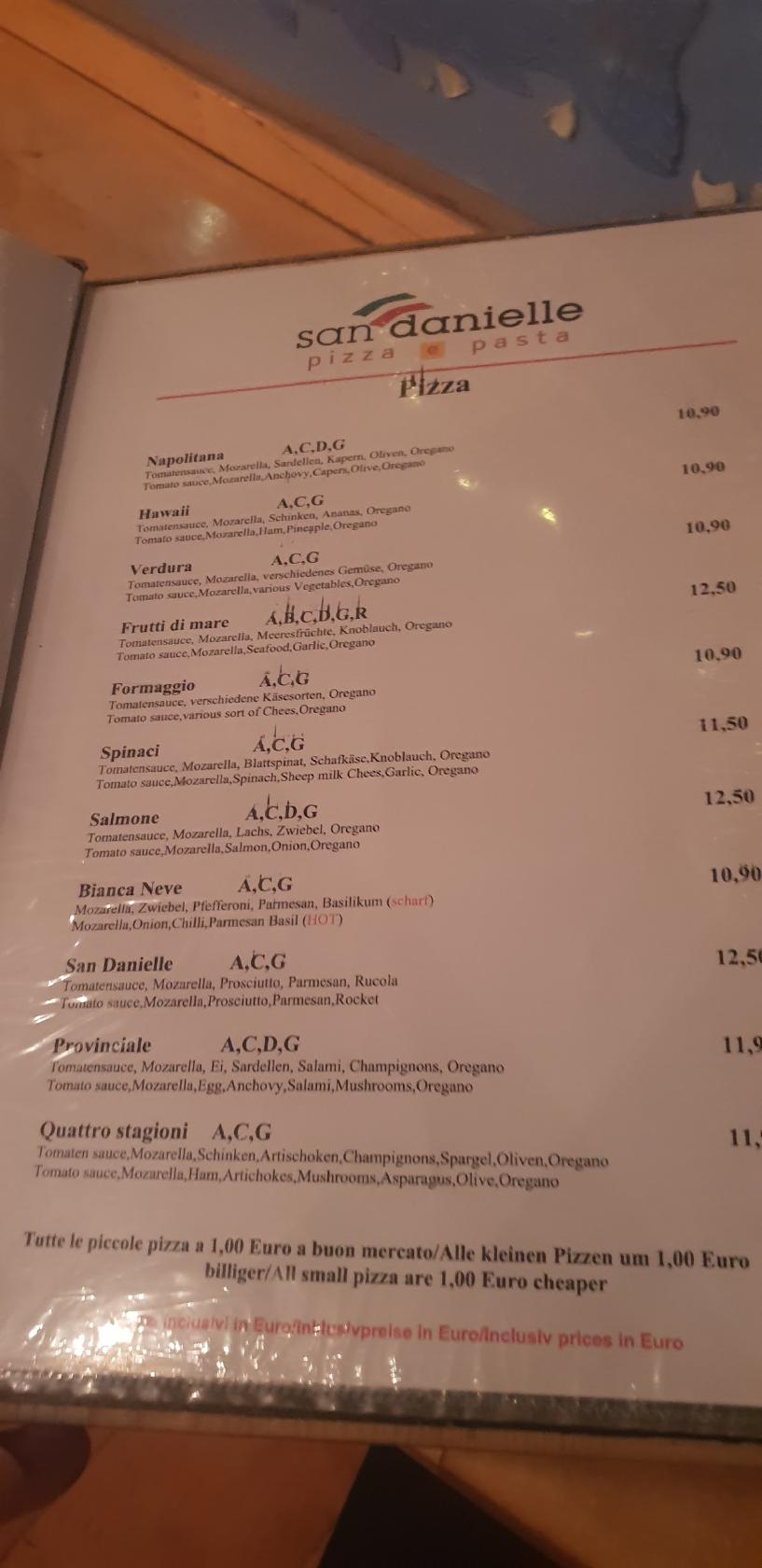Menu at San Danielle Pizza e Pasta, Schladming